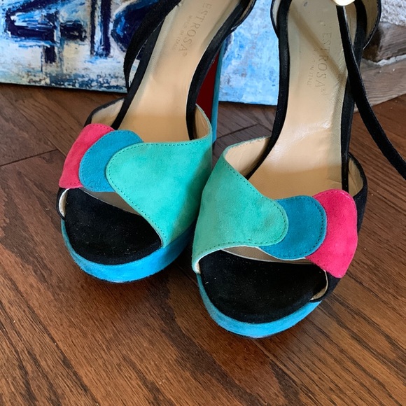 L’Estrosa RARE 38 Handcrafted Italian Suede Patchwork Platform Black Pink Teal - Picture 3 of 13